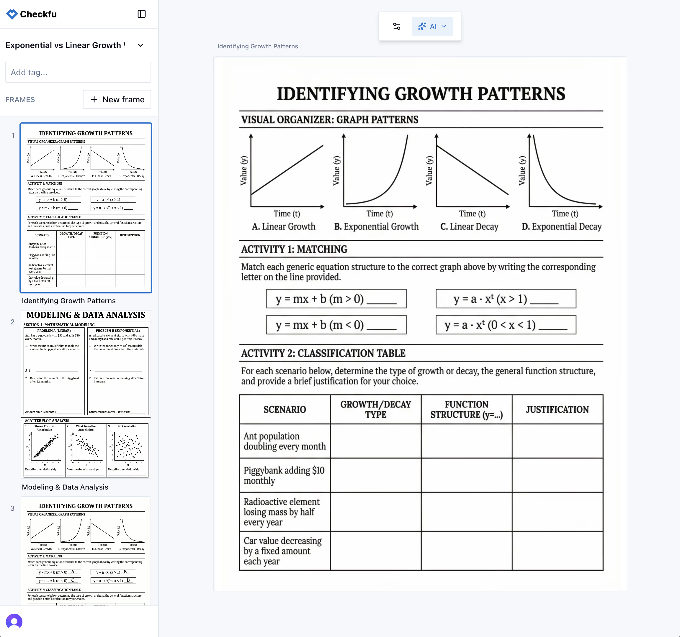 Checkfu worksheet editor with the layer tree and finished worksheet on the canvas