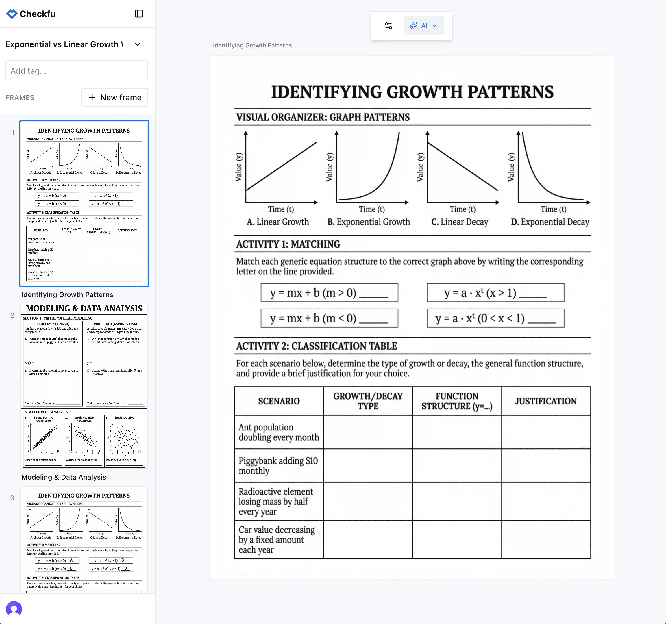 Checkfu worksheet editor with the layer tree and finished worksheet on the canvas