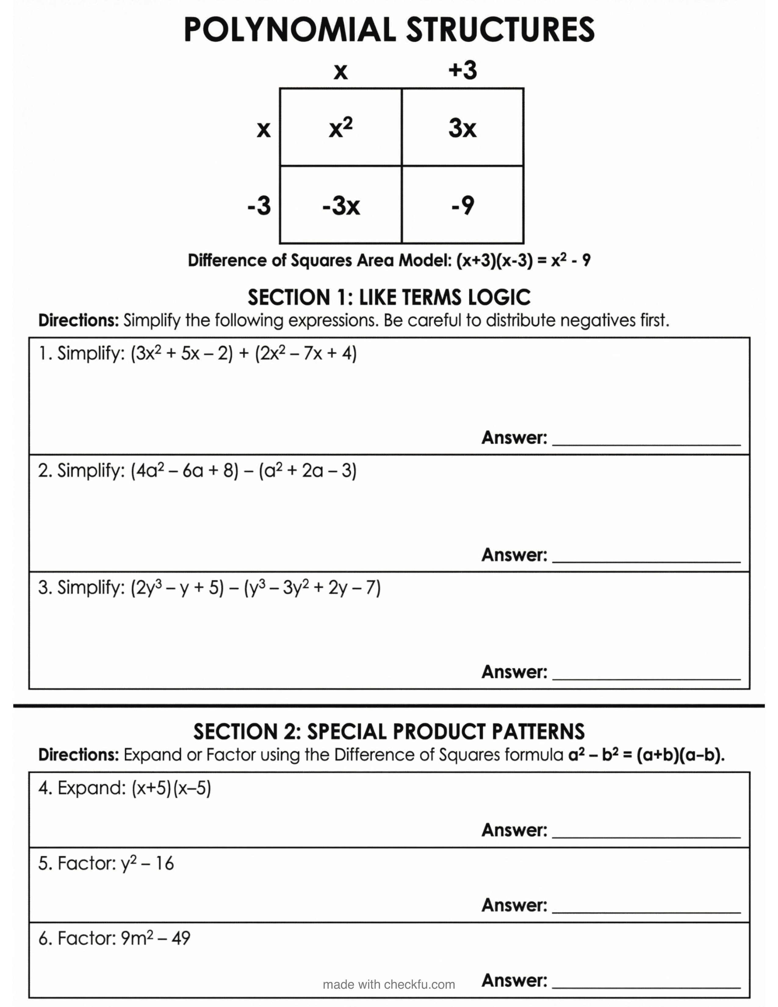 Polynomial structures worksheet with like terms and special product patterns