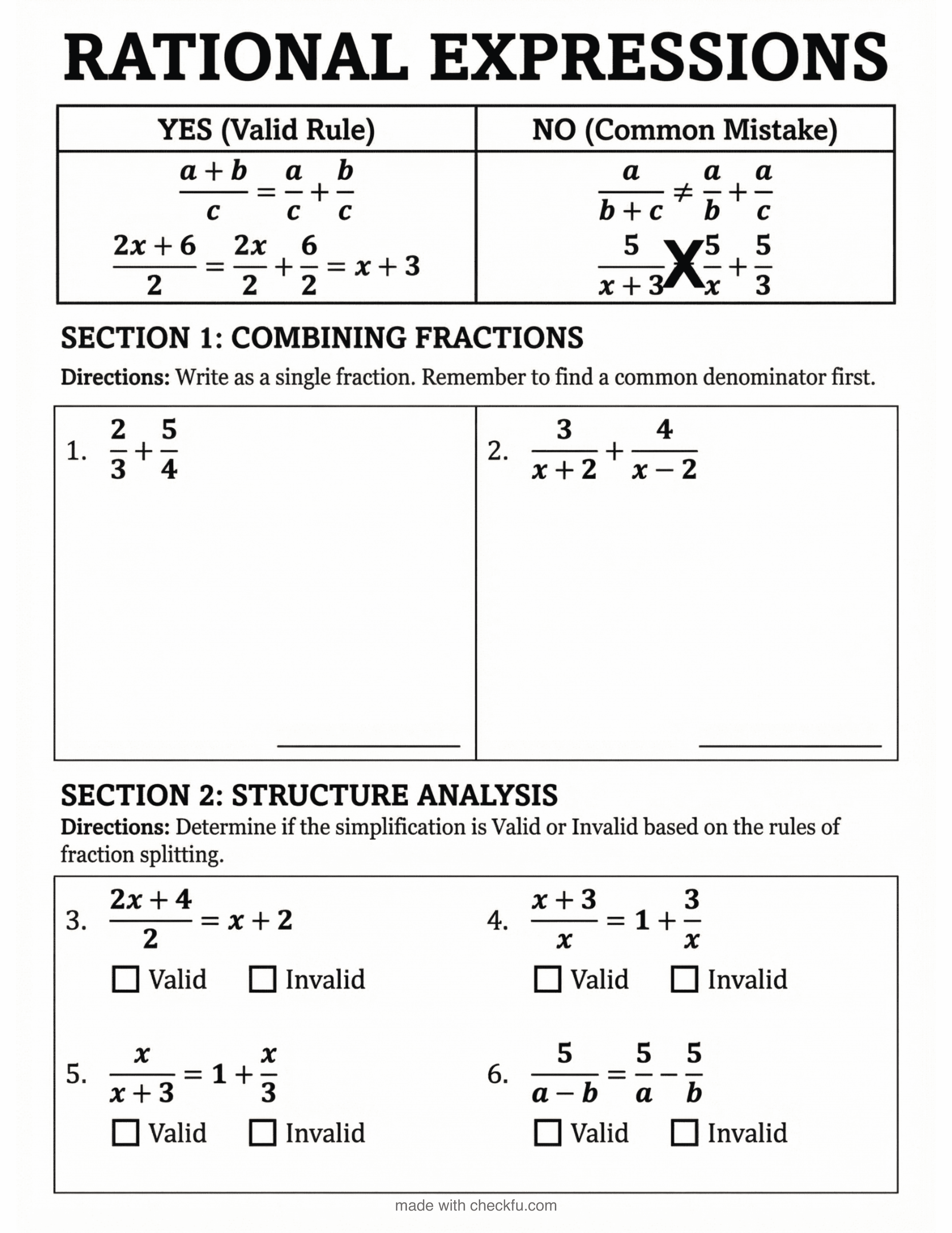 Rational expressions worksheet with combining fractions and structure analysis