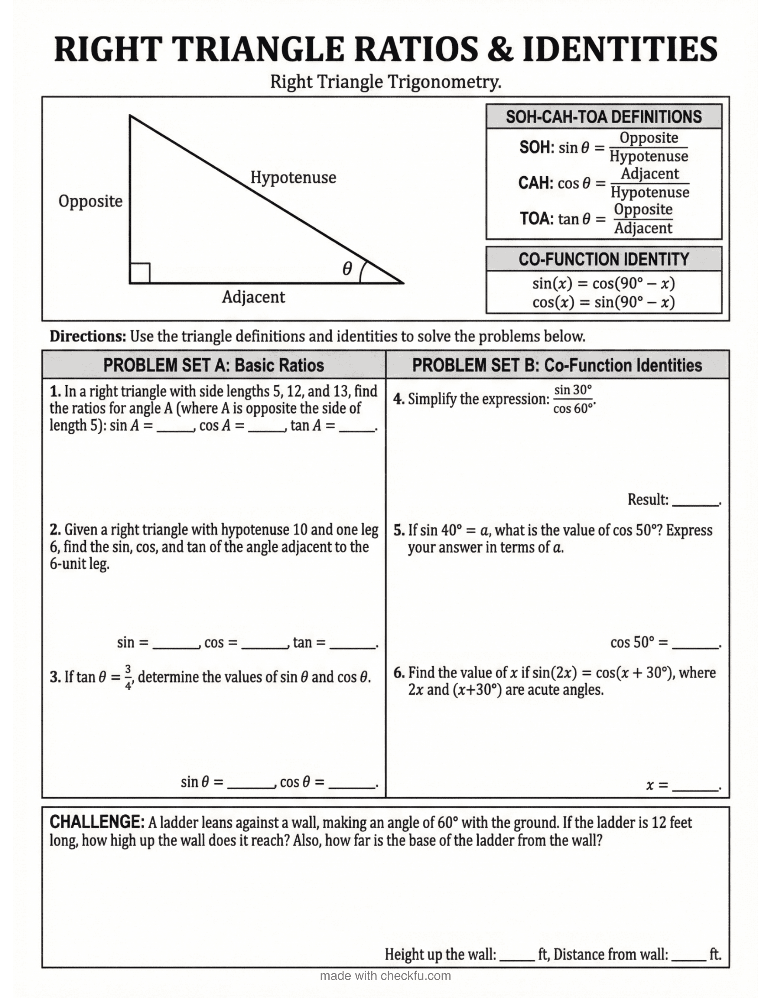 Right triangle ratios and identities worksheet with SOH-CAH-TOA
